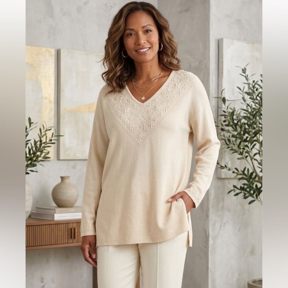 Take 50% OFF- Theomiles V-neck Embellished Sweater, Size-S